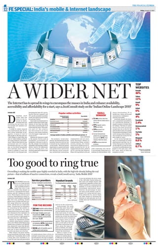 12 FE SPECIAL: India’s mobile & Internet landscape                                                                                                                                                w w w. f i n a n c i a l e x p re s s . c o m            Friday, August 13, 2010




 A WIDER NET
                                                                                                                                                                                                                                                  TOP
                                                                                                                                                                                                                                                  WEBSITES
                                                                                                                                                                                                                                                  Google
                                                                                                                                                                                                                                                  46%
                                                                                                                                                                                                                                                  Yahoo
                                                                                                                                                                                                                                                  11%
 The Internet has to spread its wings to encompass the masses in India and enhance availability,                                                                                                                                                  Gmail
                                                                                                                                                                                                                                                  9%
 accessibility and affordability for a start, says a JuxtConsult study on the ‘Indian Online Landscape 2010’                                                                                                                                      Orkut
                                                                                                                                                                                                                                                  6%
  Ivinder Gill                         but among the users, 97% are us-
                                                                                                   Popular online activities                                            SMALL                      music downloading, PC to




  D
                                       ing the Internet regularly and                                                                                                                              mobile sms, videos, movies and                 Rediff
                 EEPER, NOT            79% use the net daily In another
                                                              .                                                                                                        WINDOW                      screensavers/wallpapers
                 wider, that’s the     words, the pond is not growing,
                                                                                                    % Internet users
                                                                                                        undertaking
                                                                                                                                           Top website
                                                                                                                                                                                                   gaining noticeably.                            4%
                 story of the In-      but getting ‘fishier’.                   Emailing                          94                             Gmail
                                                                                                                                                                   51 mn active Internet              Ironically, despite the Inter-
                 ter net in India.        Users have increased more in                                                                                             users; 40 mn urban and 11       net’s unmatched possibilities                  Facebook
                                                                                Download music                    72                          Songspk
                 Existing users are
  accessing the net more, but
                                       smaller urban areas (with a pop-
                                       ulation of less than five lakh)
                                                                                Instant messaging / chat          56                       Gtalk/Gmail             mn rural                        as a marketing medium, it
                                                                                                                                                                                                   largely remains a window shop
                                                                                                                                                                                                                                                  2.4%
  not enough new members are           and, in fact, account for half of all
                                                                                Job search                        56                            Naukri             97% regular users;              for Indians. The base of online
                                                                                PC to Mobile SMS                  55                         Way2sms               79% use daily                                                                  Moneycontrol
  signing up.                          urban Internet users. The south-                                                                                                                            buyers has been hovering
     A study by online research        er n part of the country                 Social Networking                 54                             Orkut
                                                                                                                                                                   23% access it on                around just one in five for the                1%
  firm JuxtConsult puts the In-        has been found to be more                Info search Engine                52                            Google                                             past two-three years. It is equally
                                                                                                                                                                   mobile phones
  dian online landscape in per-        net-savvy Also, home continues
                                                   .                            Watch Videos                      50                          YouTube                                              ironical that ownership of credit              YouTube
  spective. A survey of over 2.5
  lakh people in 100 cities and over
                                       to be the largest single place of
                                       access at 53%.
                                                                                Average number of online activities undertaken per person: 17
                                                                                                                                                                   Social interactivity
                                                                                                                                                                   platforms put together
                                                                                                                                                                                                   cards among online Indians is
                                                                                                                                                                                                   also around one in four for the                1%
  1,000 villages in April-May this        However, for Internet to reach                                                                  Source: JUXTconsult                                      past couple of years.
                                                                                                                                                                   account for 81% of all                                                         Blogspot
  year on ‘online Indians and their    to the masses, factors such as             For instance, ‘social inter-            communities) and not neces-                                                 As for access through mo-
  net usage behavior and prefer-       availability, accessibility, af-        activity’ has been found to be the         sarily discussion, debates or
                                                                                                                                                                   regular internet users
                                                                                                                                                                                                   biles, it is essentially an urban              0.8 %
  ences’ reflects that Internet has    fordability, relevance in day-to-       mainline Internet activity, but            commenting (blogs, product               53% access Internet             phenomenon and that, too, in-
  permeated only 10% Indian            day life, simpler/less technical        it should not be confused with             reviews, forums, etc). Social            at home                         volves dual access to the Inter-               160by2
  households and only 4.4% Indi-       operability and language comfort-       ‘social media’. What has gained            interactivity platforms put to-                                          net through PCs as well. So even
  ans, as two-third households         ability need to be addressed.           importance is mainly personal              gether account for 81% of all                                            if access on mobile phones has                 0.7 %
  have multiple users. The in-         Also, for existing users, con-          and professional interaction               regular Internet users, which is      a 29% readership. Also, the net   tripled in the past year, with
                                                                                                                                                                                                                                                     *Figures are % of Internet
  crease in number of users has        nectivity speed and content have
                                                 ,                             and sharing (social network-               up 13% over last year. However,       is increasingly being seen as a   23% users, most of them use                             users accessing sites
  been only 8% over the past year,     to be enhanced.                         ing, professional networking,              blogs still lag behind with just      medium of entertainment, with     computers as well.                                       Source: JUXTconsult




 Too good to ring true
 Overselling is making the mobile space highly crowded in India, with the high tele-density hiding the real
 picture—that of millions of inactive connections, reveals a JuxtConsult survey, ‘India Mobile 2010’
 Ivinder Gill                                                                                                                           in use are between the price range
                                             Service providers                                                                          of Rs 1,500-3,000. Clearly Indian mo-
                                                                                                                                                                  ,




 T
               HAT MOBILE use in In-                                                         Handset brands                             bile users are budget buyers and
               dia is on a high growth       ‘Active’ multiple connections                 % of total active mobile handsets            ‘need-driven’ upgraders at their core.
               curve is given, but how                  Subscribers Subscriptions                                                       While a mobile is a communication
                                                                (%)           (%)                     All India   Urban       Rural
               ‘real’ is mobile growth in                                                                   (%)     (%)        (%)      medium, it is also a device for en-
               India? Not very, if one       Airtel              27.7           28.0                                                    tertainment, particularly music.
                                                                                           Nokia           62.2        65.2    59.1
 were to consider that despite an            Vodafone            15.6           15.3                                                    However, the percentage of Inter-
                                                                                           LG              10.2        10.3    10.0
 overall 61% household-level pene-           Reliance            15.1           15.0                                                    net users on the mobile is still 4%,
 tration, only 26% Indians are active                                                      Samsung          9.2         7.7    10.7     despite 16% being Internet users.
                                             IDEA                13.1           13.0
 users. These figures, thrown up in                                                        Sony Ericsson    3.6         3.2     4.0     Even within this 4%, most of them
                                             BSNL                10.6           10.7
 a survey undertaken by online re-                                                         Micromax         1.6         1.0     2.3     use other means of accessing the
                                             Tata Teleservices    7.7            7.5
 search firm JuxtConsult in April and                                                      Motorola         1.6         1.8     1.3     Internet as well and only one in 25
 May this year, profiling ‘mobile            Aircel               6.9            6.8                                                    mobile users surf the Internet on the
                                                                                                                  Source: JUXTconsult
 phone users in India and their mo-                                                                                                     mobile.
 bile usage behaviour and prefer-
 ences’, tell the story of a high-stake                                                    and not on the connection.
 game. ‘Overbuying’ by consumers
                                               FOR THE RECORD                                  Interestingly, the study
 or overselling by the mobile in-                                                          found that more than half
                                              304 mn mobile subscribers,
 dustry has resulted in “too many                                                          of all multiple active con-
 connections from too many opera-
                                              355 mn active connections                    nection mobile users come
 tors chasing too few customers in            Average mobile users per                     from rural areas. It was also
 too short a time period”. The sur-           household: 2.05; average                     found that the urban-rural split of
 vey covered over 2.5 lakh people in          active mobile connections                    mobile use at both the subscriber
 100 cities and over 1,000 villages,                                                       level and the active connection
                                              per user: 1.17
    Against an exponential growth                                                          level comes close to 50:50,
 in mobile subscription numbers               Household-level penetration                  against TRAI data that indi-
 every year (TRAI’s latest figures peg        of mobiles: 61%; individual-                 cates a 75:25 split at the over-
 mobile users in India at over 600 mil-                                                    all mobile connections level.
                                              level penetration: 26%
 lion, almost 50% more that 400 mil-                                                       Thus, given the mass ap-
 lion in May 2009), the question of at        50:50 split of mobile use in                 peal of mobiles, the study
 least one in three connections not                                                        indicates an eventual shift
                                              urban and rural areas
 in active use stares us in the face.                                                      toward the hinterland.
    With almost two-third mobile                                                               When it comes to mo-
 using households still being ‘single       of mobile phones than to focus on              bile handsets, the mass ac-
 mobile user’ households, there is still    multiple connections and increas-              ceptance of mobile phones
 a large play area available to in-         ing tele-density. For this to happen,          is reflected in the fact that
 crease the user base and penetration       the spotlight must shift on the user           almost half of all handsets
 