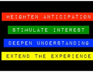 HEIGHTEN ANTICIPATION
STIMULATE INTEREST
DEEPEN UNDERSTANDING
EXTEND THE EXPERIENCE
 