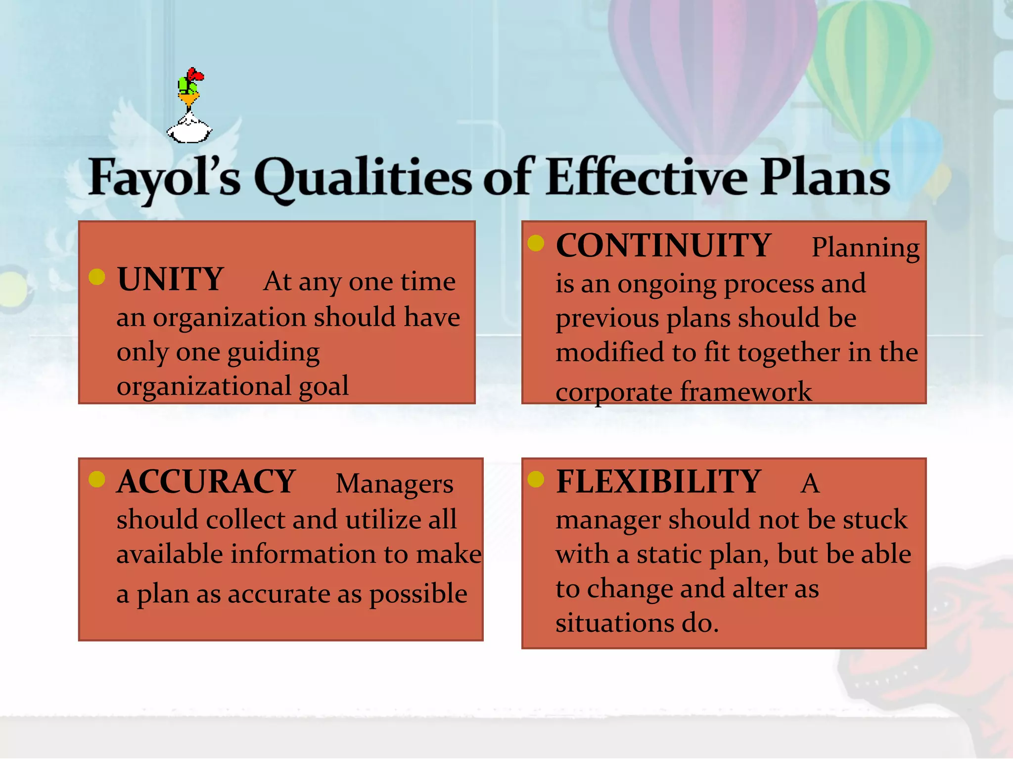 UNITY At any one time 
an organization should have 
only one guiding 
organizational goal 
CONTINUITY Planning 
is an ongoing process and 
previous plans should be 
modified to fit together in the 
corporate framework 
ACCURACY Managers 
should collect and utilize all 
available information to make 
a plan as accurate as possible 
FLEXIBILITY A 
manager should not be stuck 
with a static plan, but be able 
to change and alter as 
situations do. 
 