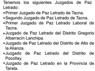 TenemosTenemos loslos siguientessiguientes JuzgadosJuzgados dede PazPaz
LetradoLetrado::
PrimerPrimer JuzgadoJuzgado dede PazPaz LetradoLetrado dede TacnaTacna..
SegundoSegundo JuzgadoJuzgado dede PazPaz LetradoLetrado dede TacnaTacna..
PrimerPrimer JuzgadoJuzgado dede PazPaz LetradoLetrado LaboralLaboral dede
TacnaTacna..
JuzgadoJuzgado dede PazPaz LetradoLetrado deldel DistritoDistrito GregorioGregorio
AlbarracínAlbarracín LanchipaLanchipa..
JuzgadoJuzgado dede PazPaz LetradoLetrado deldel DistritoDistrito dede AltoAlto dede
lala AlianzaAlianza..
JuzgadoJuzgado dede PazPaz LetradoLetrado deldel DistritoDistrito dede
PocollayPocollay..
JuzgadoJuzgado dede PazPaz LetradoLetrado enen lala ProvinciaProvincia dede
TarataTarata..
**
**
**
**
**
**
**
 