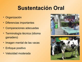 Sustentación Oral
• Organización
• Diferencias importantes
• Comparaciones adecuadas
• Terminología técnica (idioma
ganadero)
• Imagen mental de las vacas
• Enfoque positivo
• Velocidad moderada
 