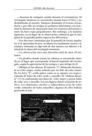 – Ausencia de cualquier sonido durante el avistamiento. El
rectángulo luminoso se encontraba situada hacia el Este y no
deslumbraba al mirarlo. Tampoco iluminaba el terreno circun-
dante y, por ello, las testigos no pudieron determinar con exac-
titud la distancia de separación entre los extremos del mismo o
entre las luces rojas parpadeantes. Sin embargo, a la mañana
siguiente, ya en lugar de la observación, estimaron que la lon-
gitud de la pantalla podría superar los 200 metros.
– Los dos seres caminaban por la pantalla de forma regular,
no se le apreciaban brazos, su silueta era totalmente oscura y su
estatura, estimada en algo más de dos metros, era inferior a la
mitad de la altura del rectángulo luminoso.
– La observación tuvo una duración total de unos 10 mi-
nutos.
– La pradera donde yacían las sábanas se encontraba situa-
da en el lugar que corresponde al lateral izquierdo del rectán-
gulo, según la apreciación de las testigos, y por debajo de él.
– Dibujos en las sábanas. El número “1”, delineado finamen-
te en color negro, estaba rodeado por un halo de color amari-
llo. La letra “E”, estilo gótico como ya se apuntó, era negra y
rodeada de halos de color verde y amarillo. El “elefante-bison-
te” (¿?) lo conformaba una línea de color negro y poseía halos
de color ocre y amarillo. Las tres figuras daban sensación de re-
lieve. Los diminutos círculos o salpicaduras eran de color
verde, rodeados de halos amarillos; algunos de ellos habían
perforado la tela.
23OVNIS. Alto Secreto
 