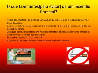 O que fazer antes(para evitar) de um incêndio 
florestal? 
Nunca deite fósforos ou cigarros para o chão. Lembre-se que é proibido fumar nas 
áreas florestais. 
Quando circular de carro, apague bem os cigarros no cinzeiro do carro, e não deite as 
cinzas pela janela. 
Qualquer pessoa que detete um incêndio florestal é obrigada a alertar as entidades 
competentes e a tentar a sua extinção. 
Se possível, ligue para o 112 ou 117 
A rapidez do aviso pode salvar a floresta de um grande incêndio. 
 