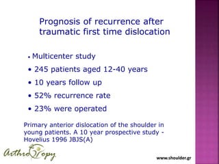 www.shoulder.grwww.shoulder.gr
• Multicenter study
• 245 patients aged 12-40 years
• 10 years follow up
• 52% recurrence rate
• 23% were operated
Prognosis of recurrence after
traumatic first time dislocation
Primary anterior dislocation of the shoulder in
young patients. A 10 year prospective study -
Hovelius 1996 JBJS(A)
 