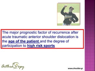 www.shoulder.grwww.shoulder.gr
The major prognostic factor of recurrence after
acute traumatic anterior shoulder dislocation is
the age of the patient and the degree of
participation to high risk sports
 