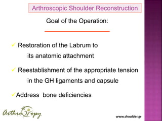 www.shoulder.gr
Arthroscopic Shoulder Reconstruction
Goal of the Operation:
 Restoration of the Labrum to
its anatomic attachment
 Reestablishment of the appropriate tension
in the GH ligaments and capsule
Address bone deficiencies
 