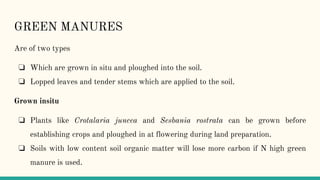 GREEN MANURES
Are of two types
❏ Which are grown in situ and ploughed into the soil.
❏ Lopped leaves and tender stems which are applied to the soil.
Grown insitu
❏ Plants like Crotalaria juncea and Sesbania rostrata can be grown before
establishing crops and ploughed in at flowering during land preparation.
❏ Soils with low content soil organic matter will lose more carbon if N high green
manure is used.
 