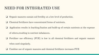NEED FOR INTEGRATED USE
❏ Organic manures sustain soil fertility at a low level of production.
❏ Chemical fertilizers have concentrated forms of nutrients.
❏ Application results in leaching,fixation and build-up of certain nutrients at the expense
of others,resulting in nutrient imbalances.
❏ Fertilizer use efficiency (FUE) is low in all chemical fertilizers and organic manure
when used singularly.
❏ Combine use of organic manures and chemical fertilizers increases FUE
 
