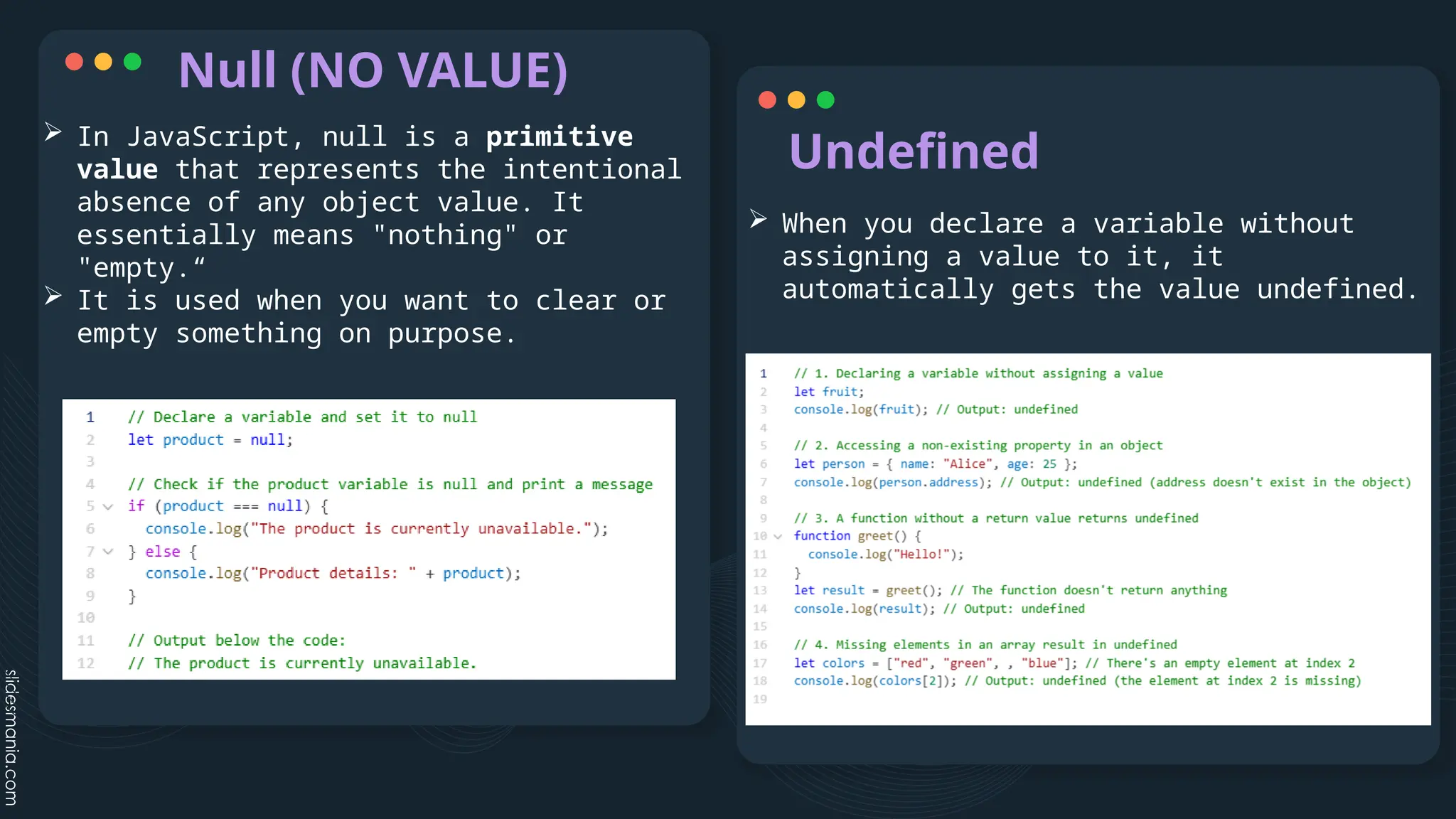 Null (NO VALUE)
Undefined
 In JavaScript, null is a primitive
value that represents the intentional
absence of any object value. It
essentially means "nothing" or
"empty.“
 It is used when you want to clear or
empty something on purpose.
 When you declare a variable without
assigning a value to it, it
automatically gets the value undefined.
 