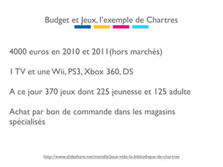 Budget et Jeux, l’exemple de Chartres


4000 euros en 2010 et 2011(hors marchés)

1 TV et une Wii, PS3, Xbox 360, DS

A ce jour 370 jeux dont 225 jeunesse et 125 adulte

Achat par bon de commande dans les magasins
spécialisés


         http://www.slideshare.net/marelle/jeux-vido-la-bibliothque-de-chartres
 