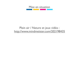 Mise en situation




    Plein air / Nature et jeux vidéo :
http://www.mindmeister.com/202198435
 