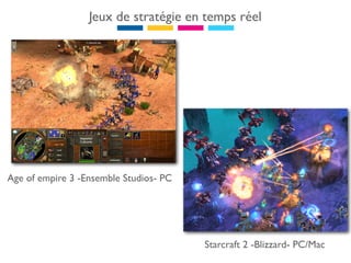 Jeux de stratégie en temps réel




Age of empire 3 -Ensemble Studios- PC




                                        Starcraft 2 -Blizzard- PC/Mac
 