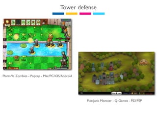 Tower defense




Plants Vs Zombies - Popcap - Mac/PC/iOS/Androïd




                                                  PixelJunk Monster - Q-Games - PS3/PSP
 