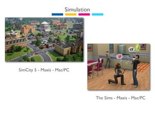 Simulation




SimCity 5 - Maxis - Mac/PC




                                    The Sims - Maxis - Mac/PC
 