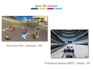 Jeux de course




Mario Kart Wii - Nintendo - Wii




                                  TrackMania Nations ESWC - Nadeo - PC
 