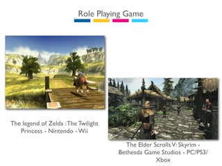 Role Playing Game




The legend of Zelda : The Twilight
   Princess - Nintendo - Wii

                                       The Elder Scrolls V: Skyrim -
                                     Bethesda Game Studios - PC/PS3/
                                                  Xbox
 