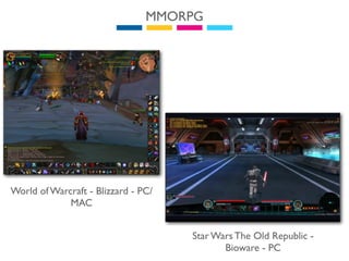 MMORPG




World of Warcraft - Blizzard - PC/
             MAC


                                     Star Wars The Old Republic -
                                            Bioware - PC
 