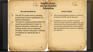 Quality of pre-
service Teacher
Education
Recommendations
● The NCTE would need to develop
broad-based norms qualification of
teacher educators….
● The Idea of creating opportunities for
teaching practitioners to teach in
teacher education institutions, as
visiting faculty may be explored.
Similarly, teacher educators could be
considered as visiting faculty in
school.
Action Taken
● This recommendation pertains to action to
be taken by NCTE, not by the State
● Guidelines for two-way flow of faculty
between teacher education institutions and
schools have been formulated by an Expert
Group at the national level. On the basis of
this, mechanism to be in place for realizing
the objective
 