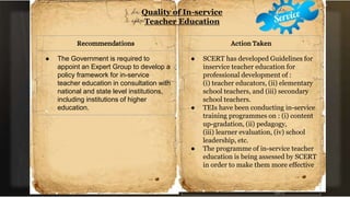 Quality of In-service
Teacher Education
Recommendations
● The Government is required to
appoint an Expert Group to develop a
policy framework for in-service
teacher education in consultation with
national and state level institutions,
including institutions of higher
education.
Action Taken
● SCERT has developed Guidelines for
inservice teacher education for
professional development of :
(i) teacher educators, (ii) elementary
school teachers, and (iii) secondary
school teachers.
● TEIs have been conducting in-service
training programmes on : (i) content
up-gradation, (ii) pedagogy,
(iii) learner evaluation, (iv) school
leadership, etc.
● The programme of in-service teacher
education is being assessed by SCERT
in order to make them more effective
 