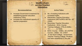 Quality of pre-
service Teacher
Education
Recommendations
● Increase Government investment for
establishing teacher education
institutions (TEIs)
● Increase the institutional capacity of
teacher preparation
Action Taken
● No. of existing institutions with
increased intake.
● Elementary Teacher Education
Institutions (DIETs/DRCs &STSs : 63
(3300)
● Secondary Teacher Education
Institutions – B.Ed. Course :
● Training Colleges, CTEs & IASEs :
14 ( ………..to 1628)
● M.Ed. Course – IASEs : 02 o M.Phil
Course – IASEs : 02, CTE01
● A new B.Ed College : Government
Teacher Training College, Phulbani
has been established in the year
……….
 