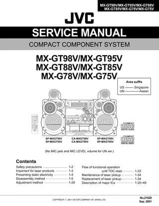 SERVICE MANUAL
COMPACT COMPONENT SYSTEM
No.21026
Sep. 2001
COPYRIGHT 2001 VICTOR COMPANY OF JAPAN, LTD.
MX-GT98V/MX-GT95V
MX-GT88V/MX-GT85V
MX-G78V/MX-G75V
Safety precautions
Important for laser products
Preventing static electricity
Disassembly method
Adjustment method
1-2
1-3
1-4
1-5
1-29
Flow of functional operation
until TOC read
Maintenance of laser pickup
Replacement of laser pickup
Description of major ICs
1-33
1-34
1-34
1-35~49
Contents
(No MIC jack and MIC LEVEL volume for UN ver.)
MX-GT98V/MX-GT95V/MX-GT88V
MX-GT85V/MX-G78V/MX-G75V
COMPACT
DIGITAL VIDEO
COMPACT
DIGITAL AUDIO
Area suffix
US -------- Singapore
UN --------------Asean
SP-MXGT98V
SP-MXGT95V
SP-MXGT98V
SP-MXGT95V
CA-MXGT98V
CA-MXGT95V
 
