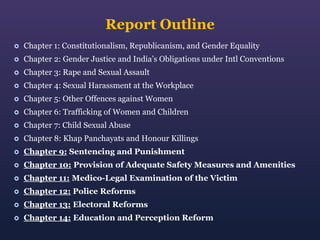 Report Outline


Chapter 1: Constitutionalism, Republicanism, and Gender Equality



Chapter 2: Gender Justice and India’s Obligations under Intl Conventions



Chapter 3: Rape and Sexual Assault



Chapter 4: Sexual Harassment at the Workplace



Chapter 5: Other Offences against Women



Chapter 6: Trafficking of Women and Children



Chapter 7: Child Sexual Abuse



Chapter 8: Khap Panchayats and Honour Killings



Chapter 9: Sentencing and Punishment



Chapter 10: Provision of Adequate Safety Measures and Amenities



Chapter 11: Medico-Legal Examination of the Victim



Chapter 12: Police Reforms



Chapter 13: Electoral Reforms



Chapter 14: Education and Perception Reform

 