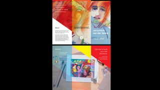 +31(0)6 817547
Geerstraat 250 6411 NW
Heerlen Netherlands
Call now to book
your next
adventure.
Teacher training art &
design
Graphic - & web designer
Urban Smart Gallery
owner & curator
Services
Jacqueline
van der Venne
Visual artist
I exhibited my artwork all around the world.
My work is colourful and people are also
always there. My latest environment is now
inspired by the refugee crisis.
For example I provide also digital social
media design, infographics, print media,
together with tradeshow display DESIGN,
outdoor media design, business reporting
and promotional campaign design. IN FACT
I DELIVER MARKETING SERVICES TO
PUBLIC ORGANIZATIONS, NON-PROFITS
AND LARGE CORPORATIONS.
About
Certified
professional in
art & design
offering 30 years
of experience
www.jacquelinevandervenne.nl
design@jacquelinevandervenne.nl
 