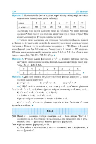 120 §6. Функції
Приклад 2. Починаючи із третьої години, через кожну годину міряли атмос-
ферний тиск і записували дані в таблицю:
Залежність між якими змінними задає ця таблиця? Чи задає таблиця
функцію? Який тиск у мм ртутного стовпчика був о 4 год; о 8 год? Яка
область визначення функції; область значень?
● Таблиця задає залежність між годинами t доби й атмосферним тиском
р. Змінна р є функцією від змінної t, бо кожному значенню t відповідає єдине
значення р. Якщо t = 4, то за таблицею знаходимо: р = 748. Отже, о 4 годині
атмосферний тиск був 748 мм рт. ст. Аналогічно о 8 годині — 755 мм рт. ст.
Область визначення функції утворюють числа 3, 4, 5, 6, 7, 8 і 9, а область зна-
чень — числа 746, 748, 751, 752, 755 і 756. ●
Приклад 3. Функція задана формулою y = х2
– 3. Скласти таблицю значень
аргументу і відповідних значень функції, надавши аргументу таких зна-
чень: –6; –3; –2; 0; 2; 3; 6.
Приклад 4. Для яких значень аргументу значення функції дорівнює –3, якщо
функція задана формулою:
а) y = 2x – 5; б) y = х2
+ x – 3; в) y = х2
+ 1?
● а) Щоб знайти значення х, для яких у = –3, розв’яжемо рівняння
2x – 5 = –3: 2x = 2; х = 1. Отже, функція набуває значення у = –3, якщо х = 1.
б) х2
+ x – 3 = –3; х2
+ x = 0; х(х + 1) = 0;
x = 0 або х + 1 = 0; x = 0 або х = –1.
Функція набуває значення –3, якщо х = 0 або х = –1.
в) х2
+ 1 = –3; х2
= –4 — рівняння коренів не має. Значення –3 дана
функція не набуває. ●
768. Нехай x — довжина сторони квадрата, а S — його площа. Чому S є
функцією від х? Яка змінна є незалежною, а яка залежною; яка є аргу-
ментом, а яка — функцією? Задайте функцію формулою.
769. Функція задана формулою y = 5x.
а) Яка змінна є незалежною, а яка — залежною; яка є аргументом, а
яка — функцією?
t, год 3 4 5 6 7 8 9
р, мм рт. ст. 746 748 751 752 752 755 756
x –6 –3 –2 0 2 3 6
● y 33 6 1 –3 1 6 33 ●
 