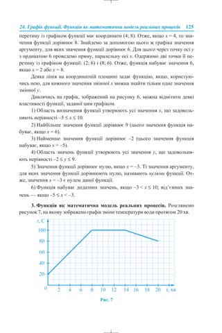 24. Графік функції. Функція як математична модель реальних процесів 125
перетину із графіком функції має координати (4; 8). Отже, якщо x = 4, то зна-
чення функції дорівнює 8. Знайдемо за допомогою цього ж графіка значення
аргументу, для яких значення функції дорівнює 6. Для цього через точку осі у
з ординатою 6 проведемо пряму, паралельну осі х. Одержимо дві точки її пе-
ретину із графіком функції: (2; 6) і (8; 6). Отже, функція набуває значення 6,
якщо x = 2 або x = 8.
Деяка лінія на координатній площині задає функцію, якщо, користую-
чись нею, для кожного значення змінної х можна знайти тільки одне значення
змінної y.
Дивлячись на графік, зображений на рисунку 6, можна відмітити деякі
властивості функції, заданої цим графіком.
1) Область визначення функції утворюють усі значення х, що задоволь-
няють нерівності –5 ≤ x ≤ 10.
2) Найбільше значення функції дорівнює 9 (цього значення функція на-
буває, якщо х = 6).
3) Найменше значення функції дорівнює –2 (цього значення функція
набуває, якщо х = –5).
4) Область значень функції утворюють усі значення у, що задовольня-
ють нерівності –2 ≤ у ≤ 9.
5) Значення функції дорівнює нулю, якщо х = –3. Ті значення аргументу,
для яких значення функції дорівнюють нулю, називають нулями функції. От-
же, значення х = –3 є нулем даної функції.
6) Функція набуває додатних значень, якщо –3 < x ≤ 10; від’ємних зна-
чень — якщо –5 ≤ x < –3.
3. Функція як математична модель реальних процесів. Розглянемо
рисунок 7, на якому зображено графік зміни температури води протягом 20 хв.
Рис. 7
 
