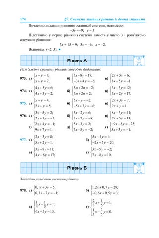 174 §7. Системи лінійних рівнянь із двома змінними
Почленно додавши рівняння останньої системи, матимемо:
–3у = –9; у = 3.
Підставимо у перше рівняння системи замість у число 3 і розв’яжемо
одержане рівняння:
3х + 15 = 9; 3х = –6; х = –2.
Відповідь. (–2; 3). ●
Розв’яжіть систему рівнянь способом додавання:
973. а) б) в)
974. а) б) в)
975. а) б) в)
976. а) б) в)
г) д) е)
977. а) б)
в) г)
Знайдіть розв’язки системи рівнянь:
978. а) б)
в) г)
 