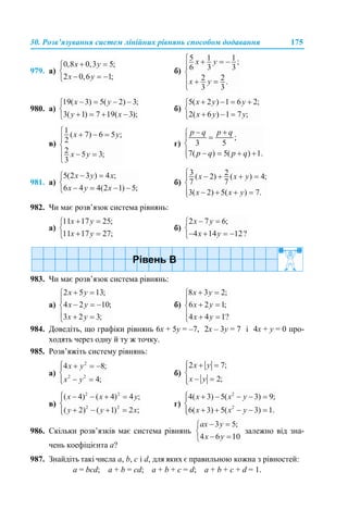 30. Розв’язування систем лінійних рівнянь способом додавання 175
979. а) б)
980. а) б)
в) г)
981. а) б)
982. Чи має розв’язок система рівнянь:
а) б)
983. Чи має розв’язок система рівнянь:
а) б)
984. Доведіть, що графіки рівнянь 6х + 5у = –7, 2х – 3у = 7 і 4х + у = 0 про-
ходять через одну й ту ж точку.
985. Розв’яжіть систему рівнянь:
а) б)
в) г)
986. Скільки розв’язків має система рівнянь залежно від зна-
чень коефіцієнта а?
987. Знайдіть такі числа a, b, c і d, для яких є правильною кожна з рівностей:
а = bcd; a + b = cd; a + b + c = d; a + b + c + d = 1.
 