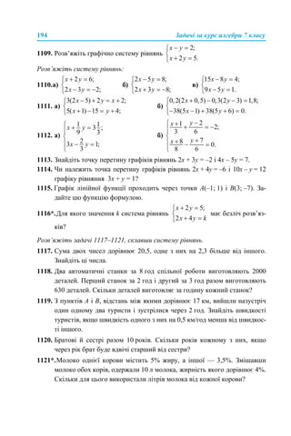 194 Задачі за курс алгебри 7 класу
1109. Розв’яжіть графічно систему рівнянь
Розв’яжіть систему рівнянь:
1110.а) б) в)
1111. а) б)
1112. а) б)
1113. Знайдіть точку перетину графіків рівнянь 2х + 3у = –2 і 4х – 5у = 7.
1114. Чи належить точка перетину графіків рівнянь 2х + 4у = –6 і 10х – у = 12
графіку рівняння 3х + у = 1?
1115. Графік лінійної функції проходить через точки A(–1; 1) і B(3; –7). За-
дайте цю функцію формулою.
1116*.Для якого значення k система рівнянь має безліч розв’яз-
ків?
Розв’яжіть задачі 1117–1121, склавши систему рівнянь.
1117. Сума двох чисел дорівнює 20,5, одне з них на 2,3 більше від іншого.
Знайдіть ці числа.
1118. Два автоматичні станки за 8 год спільної роботи виготовляють 2000
деталей. Перший станок за 2 год і другий за 3 год разом виготовляють
630 деталей. Скільки деталей виготовляє за годину кожний станок?
1119. З пунктів А і В, відстань між якими дорівнює 17 км, вийшли назустріч
один одному два туристи і зустрілися через 2 год. Знайдіть швидкості
туристів, якщо швидкість одного з них на 0,5 км/год менша від швидкос-
ті іншого.
1120. Братові й сестрі разом 10 років. Скільки років кожному з них, якщо
через рік брат буде вдвічі старший від сестри?
1121*.Молоко однієї корови містить 5% жиру, а іншої — 3,5%. Змішавши
молоко обох корів, одержали 10 л молока, жирність якого дорівнює 4%.
Скільки для цього використали літрів молока від кожної корови?
 