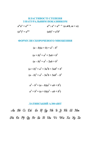 ВЛАСТИВОСТІ СТЕПЕНЯ
З НАТУРАЛЬНИМ ПОКАЗНИКОМ
am
аn
= аm + n
аm
: аn
= аm – n
(а ≠ 0, m > n)
(am
)n
= аmn
(ab)n
= аn
bn
ФОРМУЛИ СКОРОЧЕНОГО МНОЖЕННЯ
(a – b)(a + b) = a2
– b2
(a + b)2
= a2
+ 2ab + b2
(a – b)2
= a2
– 2ab + b2
(a + b)3
= a3
+ 3а2
b + 3ab2
+ b3
(a – b)3
= a3
– 3а2
b + 3ab2
– b3
a3
– b3
= (a – b)(a2
+ ab + b2
)
a3
+ b3
= (a + b)(a2
– ab + b2
)
ЛАТИНСЬКИЙ АЛФАВІТ
Aa Bb Cc Dd Ee Ff Gg Hh Ii Jj Kk Ll Mm
Nn Oo Pp Qq Rr Ss Tt Uu Vv Ww Xx Yy Zz
 