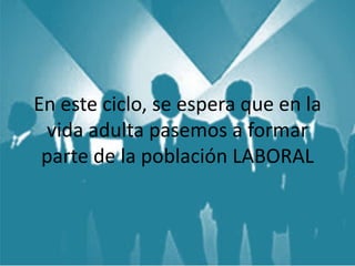 En este ciclo, se espera que en la
vida adulta pasemos a formar
parte de la población LABORAL
 