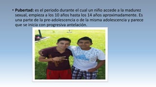 • Pubertad: es el periodo durante el cual un niño accede a la madurez
sexual, empieza a los 10 años hasta los 14 años aproximadamente. Es
una parte de la pre-adolescencia o de la misma adolescencia y parece
que se inicia con progresiva antelación.
 