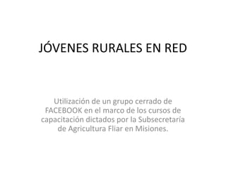 JÓVENES RURALES EN RED
Utilización de un grupo cerrado de
FACEBOOK en el marco de los cursos de
capacitación dictados por la Subsecretaría
de Agricultura Fliar en Misiones.
 