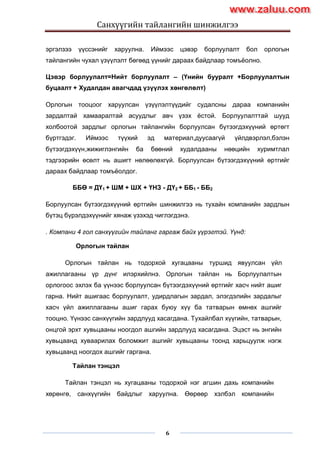 Санхүүгийн тайлангийн шинжилгээ
6
эргэлзээ үүссэнийг харуулна. Иймээс цэвэр борлуулалт бол орлогын
тайлангийн чухал үзүүлэлт бөгөөд үүнийг дараах байдлаар томъѐолно.
Цэвэр борлуулалт=Нийт борлуулалт – (Үнийн бууралт +Борлуулалтын
буцаалт + Худалдан авагчдад үзүүлэх хөнгөлөлт)
Орлогын тооцоог харуулсан үзүүлэлтүүдийг судалсны дараа компанийн
зардалтай хамааралтай асуудлыг авч үзэх ѐстой. Борлуулалттай шууд
холбоотой зардлыг орлогын тайлангийн борлуулсан бүтээгдэхүүний өртөгт
бүртгэдэг. Иймээс түүхий эд материал,дуусаагүй үйлдвэрлэл,бэлэн
бүтээгдэхүүн,жижиглэнгийн ба бөөний худалдааны нөөцийн хуримтлал
тэдгээрийн өсөлт нь ашигт нөлөөлөхгүй. Борлуулсан бүтээгдэхүүний өртгийг
дараах байдлаар томъѐолдог.
ББӨ = ДҮ1 + ШМ + ШХ + ҮНЗ - ДҮ2 + ББ1 - ББ2
Борлуулсан бүтээгдэхүүний өртгийн шинжилгээ нь тухайн компанийн зардлын
бүтэц бүрэлдэхүүнийг хянаж үзэхэд чиглэгдэнэ.
. Компани 4 гол санхүүгийн тайланг гаргаж байх үүрэгтэй. Үүнд:
Орлогын тайлан
Орлогын тайлан нь тодорхой хугацааны туршид явуулсан үйл
ажиллагааны үр дүнг илэрхийлнэ. Орлогын тайлан нь Борлуулалтын
орлогоос эхлэх ба үүнээс борлуулсан бүтээгдэхүүний өртгийг хасч нийт ашиг
гарна. Нийт ашигаас борлуулалт, удирдлагын зардал, элэгдэлийн зардалыг
хасч үйл ажиллагааны ашиг гарах буюу хүү ба татварын өмнөх ашгийг
тооцно. Үүнээс санхүүгийн зардлууд хасагдана. Тухайлбал хүүгийн, татварын,
онцгой эрхт хувьцааны ноогдол ашгийн зардлууд хасагдана. Эцэст нь энгийн
хувьцаанд хуваарилах боломжит ашгийг хувьцааны тоонд харьцуулж нэгж
хувьцаанд ноогдох ашгийг гаргана.
Тайлан тэнцэл
Тайлан тэнцэл нь хугацааны тодорхой нэг агшин дахь компанийн
хөрөнгө, санхүүгийн байдлыг харуулна. Өөрөөр хэлбэл компанийн
www.zaluu.comwww.zaluu.com
 