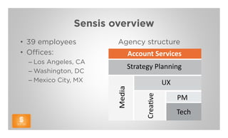 Sensis overview
• 39 employees         Agency structure
• Offices:
  – Los Angeles, CA
  – Washington, DC
  – Mexico City, MX
 
