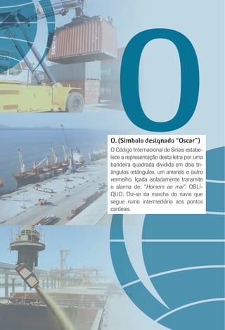 OO. (Símbolo designado “Oscar”)
O Código Internacional de Sinais estabe-
lece a representação desta letra por uma
bandeira quadrada dividida em dois tri-
ângulos retângulos, um amarelo e outro
vermelho. Içada isoladamente transmite
o alarma de: “Homem ao mar”. OBLÍ-
QUO: Diz-se da marcha do navio que
segue rumo intermediário aos pontos
cardeais.
 