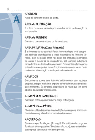 12
APORTAR
Ação de conduzir o navio ao porto.
ÁREA de FLUTUAÇÃO
É a área do casco, deﬁnida por uma das linhas de ﬂutuação da
embarcação.
ÁREA de FUNDEIO
O mesmo que ancoradouro ou fundeadouro.
ÁREA PRIMÁRIA (Zona Primária)
É a área que compreende as faixas internas de portos e aeropor-
tos, recintos alfandegados e locais habilitados na fronteira ter-
restre, além de outras áreas nas quais são efetuadas operações
de carga e descarga de mercadorias, sob controle aduaneiro,
procedentes ou destinadas ao exterior. Por recintos alfandegados
entendem-se os pátios, armazéns, terminais e outros locais desti-
nados à movimentação e ao depósito de mercadorias.
ARMADOR
Denomina-se aquele que física ou juridicamente, com recursos
próprios, equipa, mantém e explora comercialmente as embarca-
ções mercantis. É a empresa proprietária do navio que tem como
objetivo transportar mercadorias.
ARMAZÉM ALFANDEGADO
Armazém próprio para receber a carga estrangeira.
ARMAZÉNS ou PÁTIOS
São áreas utilizadas para a acomodação das cargas a serem em-
barcadas ou aquelas desembarcadas dos navios.
ARQUEAÇÃO
O mesmo que Tonelagem (Tonnage). Capacidade de carga, em
Toneladas de Arqueação (Toneladas Moorson), que uma embar-
cação pode transportar nos seus porões.
A
 