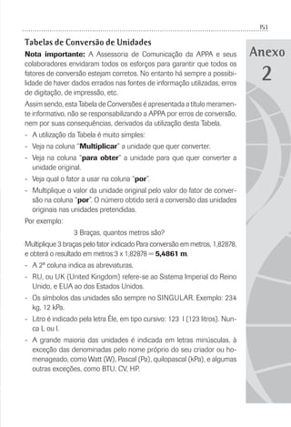 153
Anexo
Tabelas de Conversão de Unidades
Nota importante: A Assessoria de Comunicação da APPA e seus
colaboradores envidaram todos os esforços para garantir que todos os
fatores de conversão estejam corretos. No entanto há sempre a possibi-
lidade de haver dados errados nas fontes de informação utilizadas, erros
de digitação, de impressão, etc.
Assim sendo, esta Tabela de Conversões é apresentada a título meramen-
te informativo, não se responsabilizando a APPA por erros de conversão,
nem por suas consequências, derivados da utilização desta Tabela.
- A utilização da Tabela é muito simples:
- Veja na coluna “Multiplicar” a unidade que quer converter.
- Veja na coluna “para obter” a unidade para que quer converter a
unidade original.
- Veja qual o fator a usar na coluna “por”.
- Multiplique o valor da unidade original pelo valor do fator de conver-
são na coluna “por”. O número obtido será a conversão das unidades
originais nas unidades pretendidas.
Por exemplo:
3 Braças, quantos metros são?
Multiplique 3 braças pelo fator indicado Para conversão em metros, 1,82878,
e obterá o resultado em metros:3 x 1,82878 = 5,4861 m.
- A 2ª coluna indica as abreviaturas.
- RU, ou UK (United Kingdom) refere-se ao Sistema Imperial do Reino
Unido, e EUA ao dos Estados Unidos.
- Os símbolos das unidades são sempre no SINGULAR. Exemplo: 234
kg, 12 kPa.
- Litro é indicado pela letra Éle, em tipo cursivo: 123 l (123 litros). Nun-
ca L ou l.
- A grande maioria das unidades é indicada em letras minúsculas, à
exceção das denominadas pelo nome próprio do seu criador ou ho-
menageado, como Watt (W), Pascal (Pa), quilopascal (kPa), e algumas
outras exceções, como BTU, CV, HP.
2
 