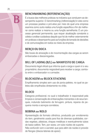20
B
BENCHMARKING (REFERENCIAÇÃO)
É a busca das melhores práticas na indústria que conduzem ao de-
sempenho superior. O benchmarking (referenciação) é visto como
um processo positivo e pró-ativo por meio do qual uma empresa
examina como outra realiza uma função especíﬁca a ﬁm de melho-
rar como realizar a mesma ou uma função semelhante. É um pro-
cesso gerencial permanente, que requer atualização constante a
coleta e análise cuidadosa daquilo que há de melhor externamente
em práticas e desempenho para as funções de tomada de decisões
e de comunicações em todos os níveis da empresa.
BERÇO OU DOCA
São locais de atracação e de movimentação das cargas as serem
embarcadas e descarregadas.
BILL OF LADING (B/L) ou MANIFESTO DE CARGA
Documento legal oﬁcial que informa qual a carga e quem é o seu
proprietário; documento negociável para receber a carga; contra-
to entre o embarcador e o armador.
BLOCAGEM ou BLOCK STACKING
Empilhamento simples sem uso de porta-paletes, no qual os pa-
letes são empilhados diretamente no chão.
BLOCO
Categoria proﬁssional, no qual o trabalhador é responsável pela
limpeza e conservação de embarcações mercantes e de seus tan-
ques, incluindo batimento de ferrugem, pintura, reparos de pe-
quena monta e serviços correlatos.
BOBINA ou ROLO
Apresentação de formato cilíndrico, produzido por enrolamento
do item, geralmente usada para ﬁos de diversas qualidades, cor-
das vegetais, plásticos, chapas metálicas e eventualmente tubos
de baixo calibre. Tem, por vezes, um tubo núcleo de suporte.
Não confundir com o carretel, que para além do núcleo é provido
de ﬂanges (discos laterais de apoio).
 