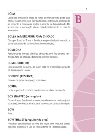 21
B
BÓIAS
Caixa oca e ﬂutuante, presa ao fundo do mar por uma poita, cujo
interior geralmente é em compartimentos estanques, oferecendo
ao conjunto a necessária rigidez e garantia de ﬂutuabilidade. De
acordo com a sua função, diz-se bóia de balizamento ou bóia de
amarração.
BOLSA de MERCADORIAS de CHICAGO
Chicago Board of Trade – Entidade responsável pela cotação e
comercialização de commodities (comodidades).
BOMBONA
Recipiente de formato cilíndrico-abaulado, com fechamento her-
mético, feito de plástico, destinado a conter líquidos.
BOMBORDO (BB)
Lado esquerdo do navio, de quem está na embarcação olhando
na direção popa - proa.
BOOKING (RESERVA)
Reserva de praça ou espaço num navio.
BORDA
Limite superior do costado que termina na altura do convés.
BOX SHAPPED (retangular)
Diz-se dos porões de certos navios, notadamente os multiuso (mul-
tipurpose), destinados a transportar quase todos os tipos de cargas.
BOW
Proa.
BOW THRUST (propulsor de proa)
Propulsor perpendicular ao eixo do navio, com impulso lateral,
podendo dispensar o uso de rebocadores na (des)atracação.
 
