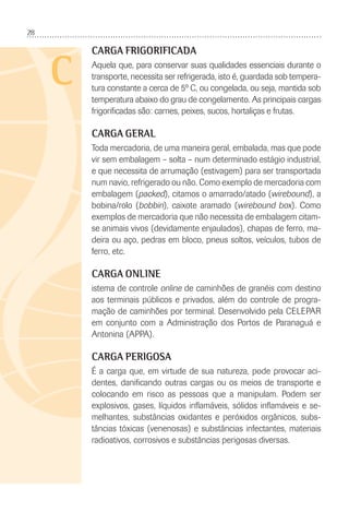 28
C
CARGA FRIGORIFICADA
Aquela que, para conservar suas qualidades essenciais durante o
transporte, necessita ser refrigerada, isto é, guardada sob tempera-
tura constante a cerca de 5º C, ou congelada, ou seja, mantida sob
temperatura abaixo do grau de congelamento. As principais cargas
frigoriﬁcadas são: carnes, peixes, sucos, hortaliças e frutas.
CARGA GERAL
Toda mercadoria, de uma maneira geral, embalada, mas que pode
vir sem embalagem – solta – num determinado estágio industrial,
e que necessita de arrumação (estivagem) para ser transportada
num navio, refrigerado ou não. Como exemplo de mercadoria com
embalagem (packed), citamos o amarrado/atado (wirebound), a
bobina/rolo (bobbin), caixote aramado (wirebound box). Como
exemplos de mercadoria que não necessita de embalagem citam-
se animais vivos (devidamente enjaulados), chapas de ferro, ma-
deira ou aço, pedras em bloco, pneus soltos, veículos, tubos de
ferro, etc.
CARGA ONLINE
istema de controle online de caminhões de granéis com destino
aos terminais públicos e privados, além do controle de progra-
mação de caminhões por terminal. Desenvolvido pela CELEPAR
em conjunto com a Administração dos Portos de Paranaguá e
Antonina (APPA).
CARGA PERIGOSA
É a carga que, em virtude de sua natureza, pode provocar aci-
dentes, daniﬁcando outras cargas ou os meios de transporte e
colocando em risco as pessoas que a manipulam. Podem ser
explosivos, gases, líquidos inﬂamáveis, sólidos inﬂamáveis e se-
melhantes, substâncias oxidantes e peróxidos orgânicos, subs-
tâncias tóxicas (venenosas) e substâncias infectantes, materiais
radioativos, corrosivos e substâncias perigosas diversas.
 