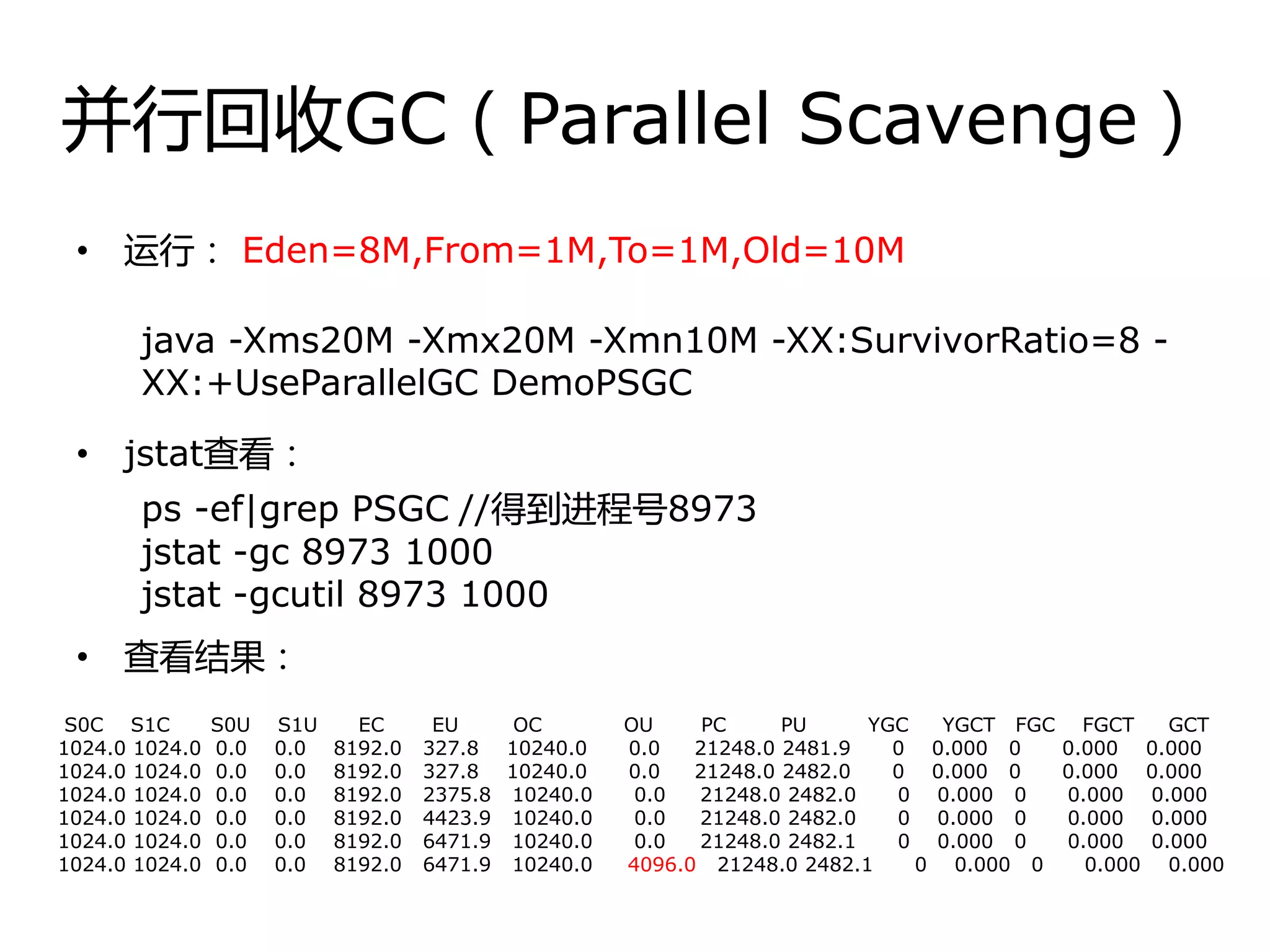 幵行回收GC（Parallel Scavenge）
• 运行： Eden=8M,From=1M,To=1M,Old=10M
• jstat查看：
• 查看结果：
java -Xms20M -Xmx20M -Xmn10M -XX:SurvivorRatio=8 -
XX:+UseParallelGC DemoPSGC
ps -ef|grep PSGC //得到迚程号8973
jstat -gc 8973 1000
jstat -gcutil 8973 1000
S0C S1C S0U S1U EC EU OC OU PC PU YGC YGCT FGC FGCT GCT
1024.0 1024.0 0.0 0.0 8192.0 327.8 10240.0 0.0 21248.0 2481.9 0 0.000 0 0.000 0.000
1024.0 1024.0 0.0 0.0 8192.0 327.8 10240.0 0.0 21248.0 2482.0 0 0.000 0 0.000 0.000
1024.0 1024.0 0.0 0.0 8192.0 2375.8 10240.0 0.0 21248.0 2482.0 0 0.000 0 0.000 0.000
1024.0 1024.0 0.0 0.0 8192.0 4423.9 10240.0 0.0 21248.0 2482.0 0 0.000 0 0.000 0.000
1024.0 1024.0 0.0 0.0 8192.0 6471.9 10240.0 0.0 21248.0 2482.1 0 0.000 0 0.000 0.000
1024.0 1024.0 0.0 0.0 8192.0 6471.9 10240.0 4096.0 21248.0 2482.1 0 0.000 0 0.000 0.000
 