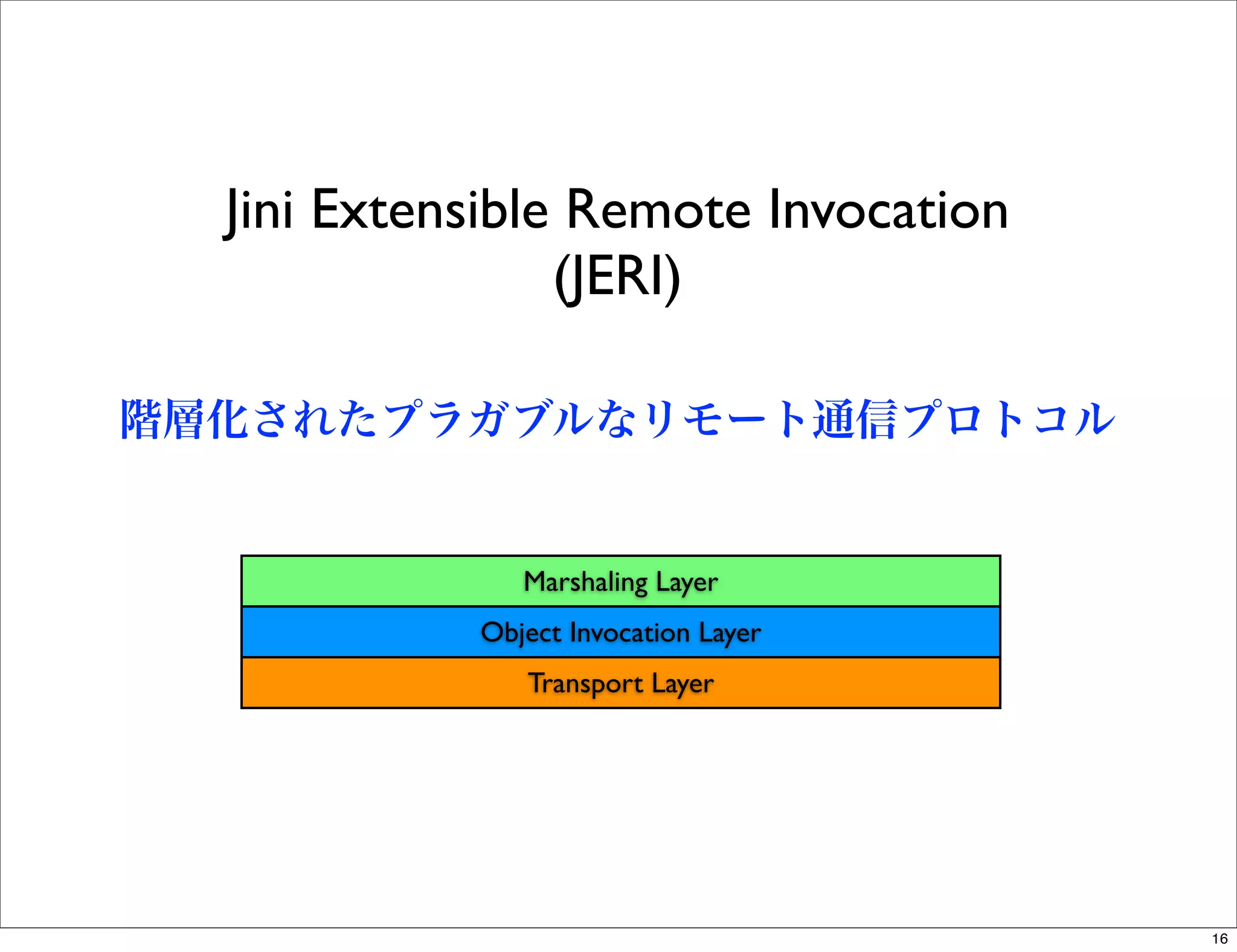 Jini Extensible Remote Invocation
                 (JERI)

階層化されたプラガブルなリモート通信プロトコル


               Marshaling Layer
            Object Invocation Layer
               Transport Layer




                                      16
 