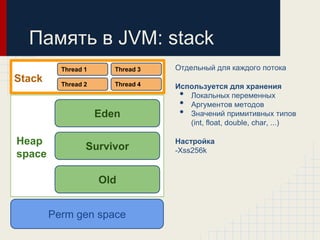 Память в JVM: stack
          Thread 1      Thread 3   Отдельный для каждого потока
Stack     Thread 2      Thread 4   Используется для хранения
                                    • Локальных переменных
                                    • Аргументов методов
                     Eden           • Значений примитивных типов
                                      (int, float, double, char, ...)

Heap                               Настройка
                 Survivor          -Xss256k
space

                     Old


        Perm gen space
 