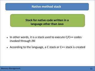 11
Native method stack
 In other words, it is a stack used to execute C/C++ codes
invoked through JNI
 According to the language, a C stack or C++ stack is created
Memory Management
Stack for native code written in a
language other than Java
 
