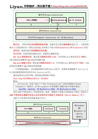 新生代： 用来存放生命周期较短的对象，而新生代又使用复制算法进行 GC ，又将其按
照 8:1:1 的比例分为一块较大的 Eden 空间和 2 个较小的 From Survivor 和 To Survivor 空间。
老年代：用来存放生命周期较长的对象。
永久内存：用来存放对象的方法、变量等元数据信息。
Xms Java 堆初始内存，默认值为物理内存的 1/64，当可用的 Java 堆内存小于 40%时，
JVM 会将内存调整至-Xmx 所允许的最大值
Xmx Java 堆最大内存，默认值为物理内存的 1/4，当可用的 Java 堆内存大于 70%时，JVM
会将内存调整至-Xms 所指定的初始值
一个对象被创建后，首先被放到新生代的 Eden 内存中，如果存活期超两个 Survivor 之
后,就会被转移到长时内存(Old Generation)中；
通过如果永久内存不够，我们就会得到如下错误：
Java.lang.OutOfMemoryError: PermGen
解决：
Eclipse 中，点击“Run”→"Run Configurations",在打开的窗口中点击
“Arguments”选项卡。在 VM arguments 中内容最下边输入如下内容后重启：
-Xms256m -Xmx512m -XX:MaxNewSize=256m -XX:MaxPermSize=256m
而在 JDK8 中情况发生了明显的变化，就是一般情况下你都不会得到这个错误，原因在于
JDK8 中把存放元数据中的永久内存从堆内存中移到了本地内存（Native Memory）中了。
JDK8 中 JVM 堆内存结构就变成了如下：
 