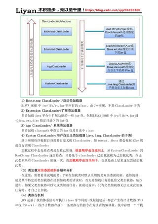 1）Bootstrap ClassLoader /启动类加载器
$JAVA_HOME 中 jre/lib/rt.jar 里所有的 class，由 C++实现，不是 ClassLoader 子类
2）Extension ClassLoader/扩展类加载器
负责加载 java 平台中扩展功能的一些 jar 包，包括$JAVA_HOME 中 jre/lib/*.jar 或
-Djava.ext.dirs 指定目录下的 jar 包
3）App ClassLoader/ 系统类加载器
负责记载 classpath 中指定的 jar 包及目录中 class
4）Custom ClassLoader/用户自定义类加载器(java.lang.ClassLoader 的子类)
属于应用程序根据自身需要自定义的 ClassLoader，如 tomcat、jboss 都会根据 j2ee 规
范自行实现 ClassLoader
加载过程中会先检查类是否被已加载，检查顺序是自底向上，从 Custom ClassLoader 到
BootStrap ClassLoader 逐层检查，只要某个 classloader 已加载就视为已加载此类，保证
此类只所有 ClassLoader 加载一次。而加载顺序是自顶向下，也就是由上层来逐层尝试加载
此类。
（3）类加载双亲委派机制介绍和分析
在这里，需要着重说明的是，JVM 在加载类时默认采用的是双亲委派机制。通俗的讲，
就是某个特定的类加载器在接到加载类的请求时，首先将加载任务委托给父类加载器，依次
递归，如果父类加载器可以完成类加载任务，就成功返回；只有父类加载器无法完成此加载
任务时，才自己去加载。
（4）类执行机制
JVM 是基于栈的体系结构来执行 class 字节码的。线程创建后，都会产生程序计数器（PC）
和栈（Stack），程序计数器存放下一条要执行的指令在方法内的偏移量，栈中存放一个个栈
 